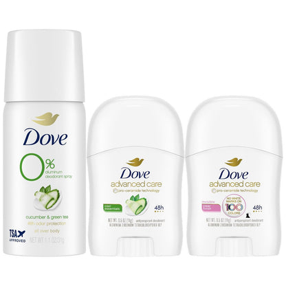 Dove Reise-Deodorant für Frauen Variety 3er-Pack – Advanced Care Invisible, Cool Essentials Mini, Cucumber & Green Tea Spray