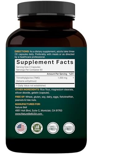 NatureBell TMG 1.500 mg, 240 Kapseln | Max Stärke Betain Anhydrous Trimethylglycin – Unterstützt gesunden Homocysteinspiegel, Herz- & Lebergesundheit – Non-GMO, Glutenfrei