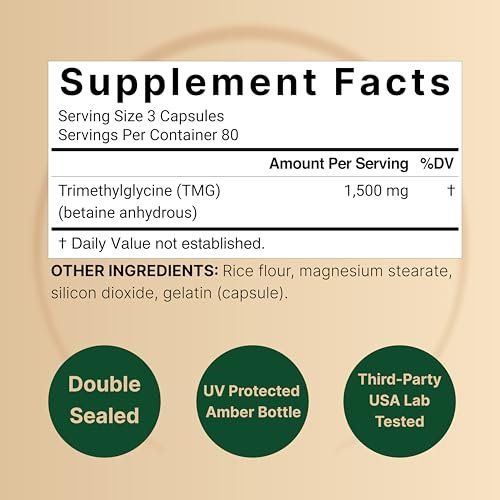 NatureBell TMG 1.500 mg, 240 Kapseln | Max Stärke Betain Anhydrous Trimethylglycin – Unterstützt gesunden Homocysteinspiegel, Herz- & Lebergesundheit – Non-GMO, Glutenfrei