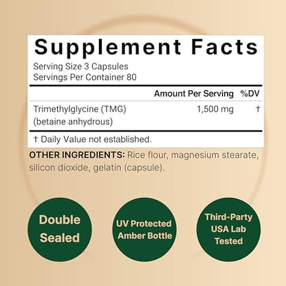 NatureBell TMG 1.500 mg, 240 Kapseln | Max Stärke Betain Anhydrous Trimethylglycin – Unterstützt gesunden Homocysteinspiegel, Herz- & Lebergesundheit – Non-GMO, Glutenfrei