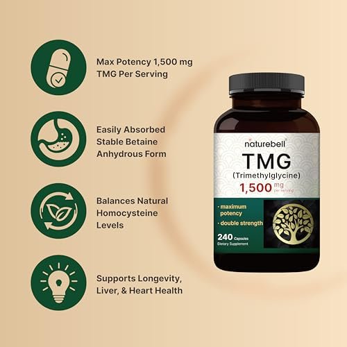 NatureBell TMG 1.500 mg, 240 Kapseln | Max Stärke Betain Anhydrous Trimethylglycin – Unterstützt gesunden Homocysteinspiegel, Herz- & Lebergesundheit – Non-GMO, Glutenfrei