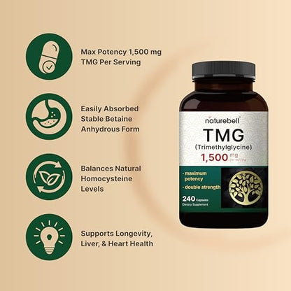 NatureBell TMG 1.500 mg, 240 Kapseln | Max Stärke Betain Anhydrous Trimethylglycin – Unterstützt gesunden Homocysteinspiegel, Herz- & Lebergesundheit – Non-GMO, Glutenfrei