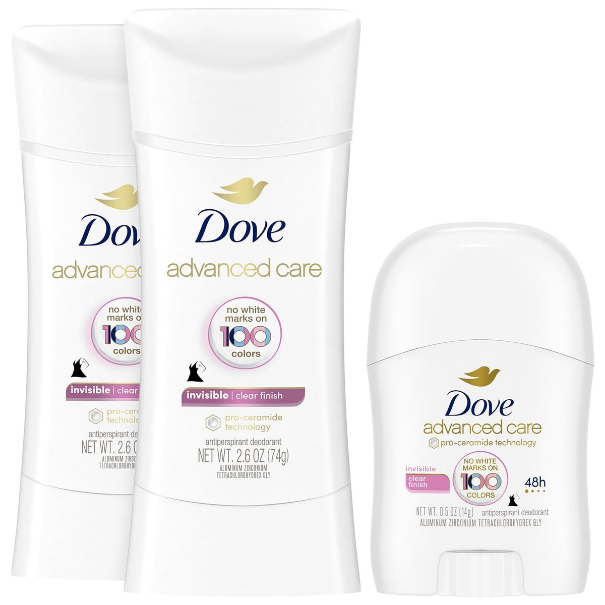 Dove Antitranspirant Deodorant für Frauen, Clear Finish, 2er-Pack + Reisegröße – Keine weißen Flecken, Pro-Ceramid-Technologie, Vegan & Tierversuchsfrei
