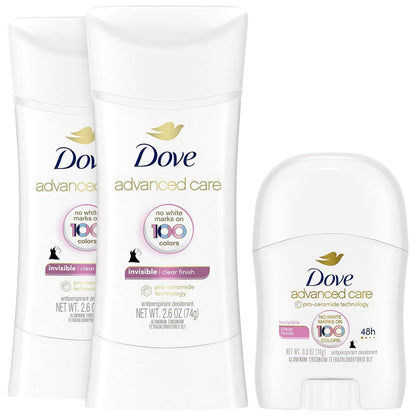 Dove Antitranspirant Deodorant für Frauen, Clear Finish, 2er-Pack + Reisegröße – Keine weißen Flecken, Pro-Ceramid-Technologie, Vegan & Tierversuchsfrei