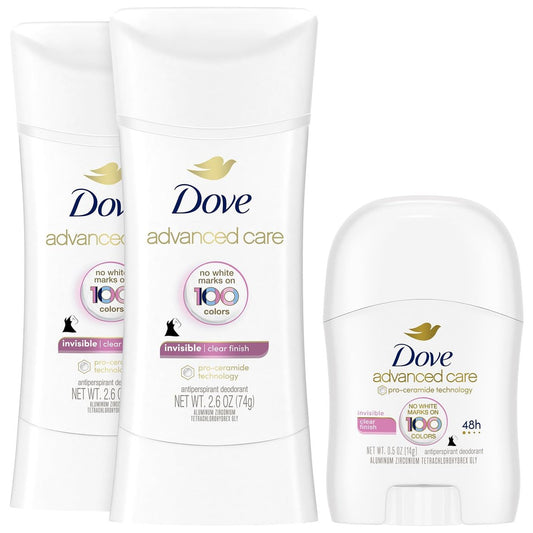 Dove Antitranspirant Deodorant für Frauen, Clear Finish, 2er-Pack + Reisegröße – Keine weißen Flecken, Pro-Ceramid-Technologie, Vegan & Tierversuchsfrei