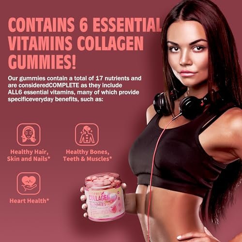 VIFSSG Kollagen-Peptid-Gummis für Frauen, 60 Gummis zuckerfrei, hydrolysiert, extra stark 2500 mg Protein Typ I,II,III,V,X mit 15000 mcg Biotin und Vitamin A B6 B12 C D E für Haare, Haut, Nägel