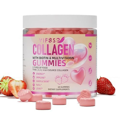 VIFSSG Kollagen-Peptid-Gummis für Frauen, 60 Gummis zuckerfrei, hydrolysiert, extra stark 2500 mg Protein Typ I,II,III,V,X mit 15000 mcg Biotin und Vitamin A B6 B12 C D E für Haare, Haut, Nägel