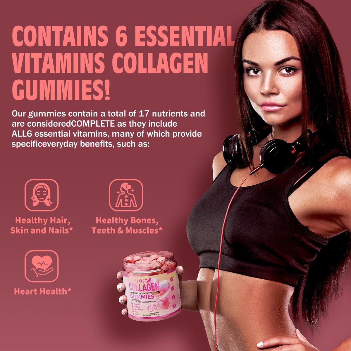 VIFSSG Kollagen-Peptid-Gummis für Frauen, 60 Gummis zuckerfrei, hydrolysiert, extra stark 2500 mg Protein Typ I,II,III,V,X mit 15000 mcg Biotin und Vitamin A B6 B12 C D E für Haare, Haut, Nägel