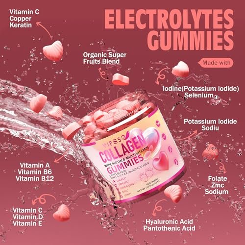 VIFSSG Kollagen-Peptid-Gummis für Frauen, 60 Gummis zuckerfrei, hydrolysiert, extra stark 2500 mg Protein Typ I,II,III,V,X mit 15000 mcg Biotin und Vitamin A B6 B12 C D E für Haare, Haut, Nägel