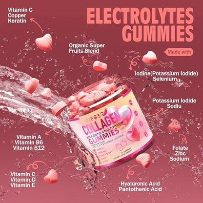 VIFSSG Kollagen-Peptid-Gummis für Frauen, 60 Gummis zuckerfrei, hydrolysiert, extra stark 2500 mg Protein Typ I,II,III,V,X mit 15000 mcg Biotin und Vitamin A B6 B12 C D E für Haare, Haut, Nägel