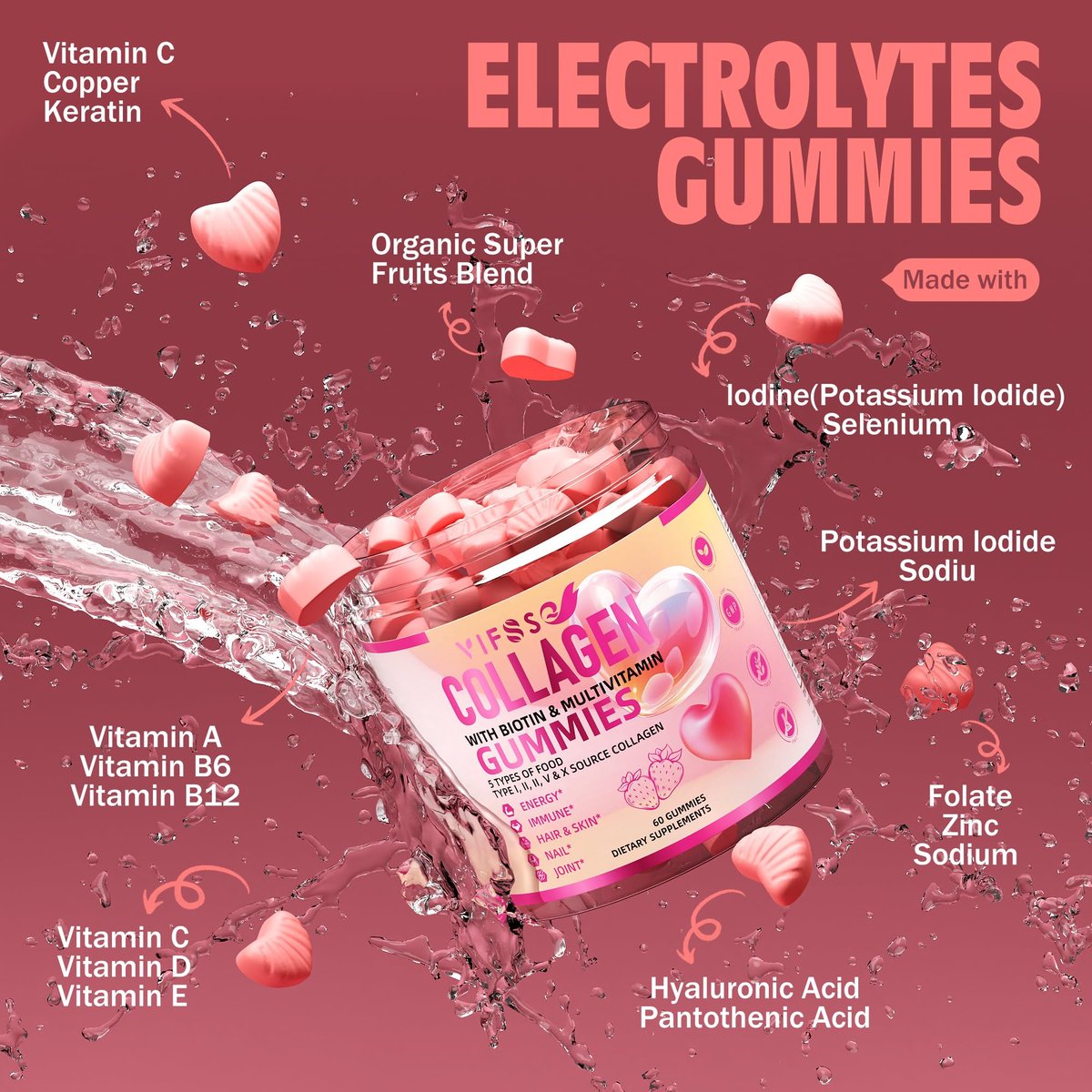 VIFSSG Kollagen-Peptid-Gummis für Frauen, 60 Gummis zuckerfrei, hydrolysiert, extra stark 2500 mg Protein Typ I,II,III,V,X mit 15000 mcg Biotin und Vitamin A B6 B12 C D E für Haare, Haut, Nägel