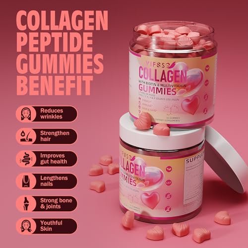 VIFSSG Kollagen-Peptid-Gummis für Frauen, 60 Gummis zuckerfrei, hydrolysiert, extra stark 2500 mg Protein Typ I,II,III,V,X mit 15000 mcg Biotin und Vitamin A B6 B12 C D E für Haare, Haut, Nägel