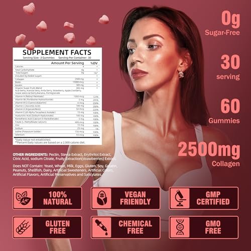VIFSSG Kollagen-Peptid-Gummis für Frauen, 60 Gummis zuckerfrei, hydrolysiert, extra stark 2500 mg Protein Typ I,II,III,V,X mit 15000 mcg Biotin und Vitamin A B6 B12 C D E für Haare, Haut, Nägel