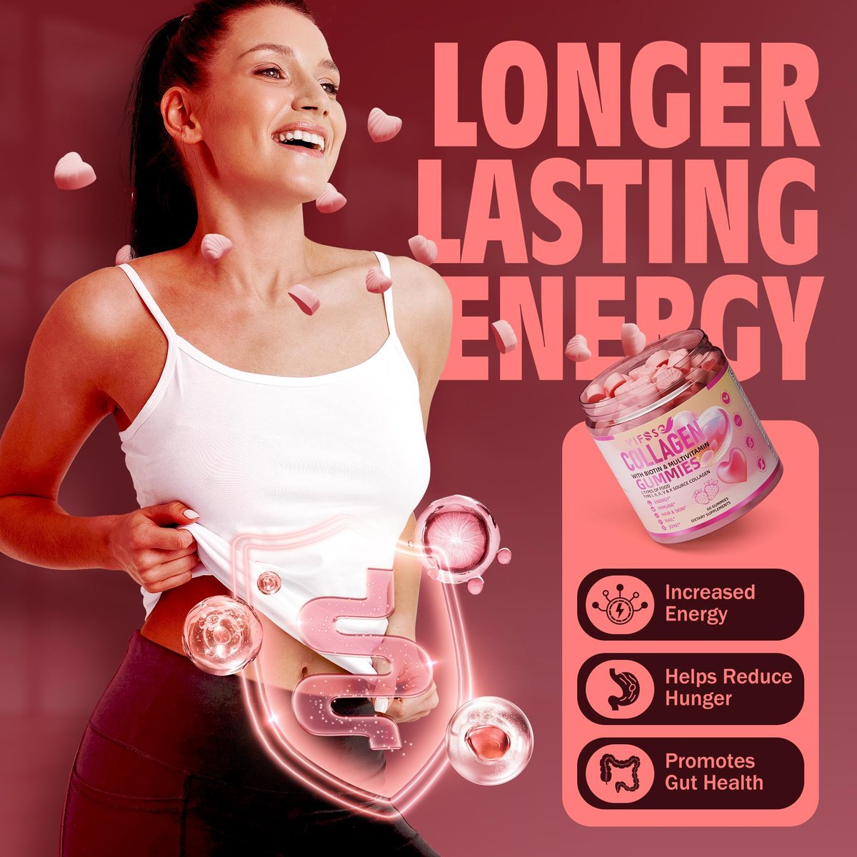 VIFSSG Kollagen-Peptid-Gummis für Frauen, 60 Gummis zuckerfrei, hydrolysiert, extra stark 2500 mg Protein Typ I,II,III,V,X mit 15000 mcg Biotin und Vitamin A B6 B12 C D E für Haare, Haut, Nägel