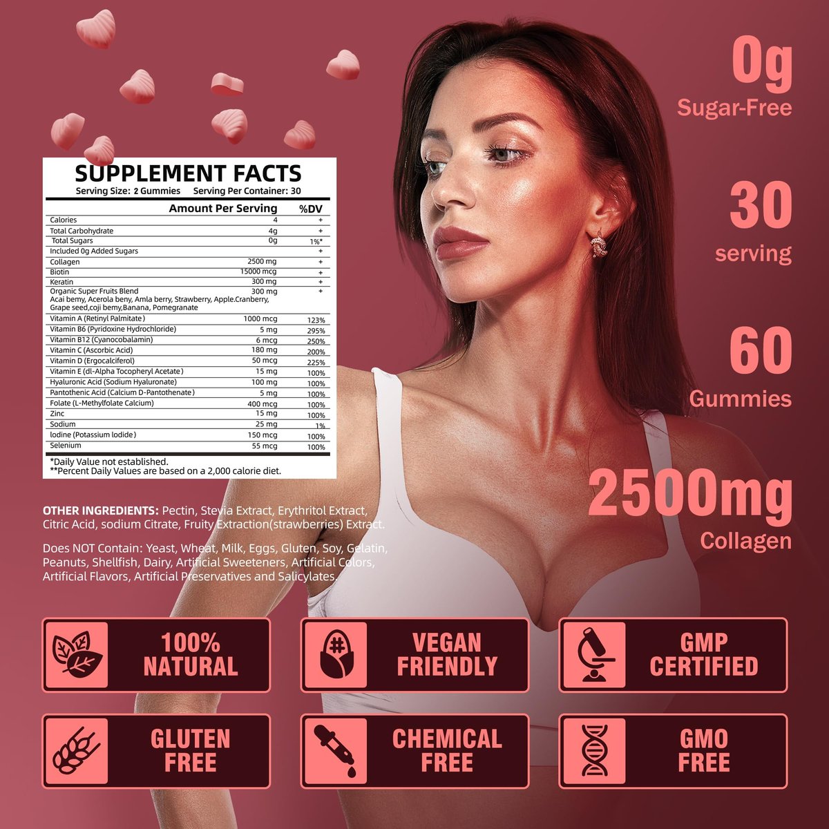 VIFSSG Kollagen-Peptid-Gummis für Frauen, 60 Gummis zuckerfrei, hydrolysiert, extra stark 2500 mg Protein Typ I,II,III,V,X mit 15000 mcg Biotin und Vitamin A B6 B12 C D E für Haare, Haut, Nägel