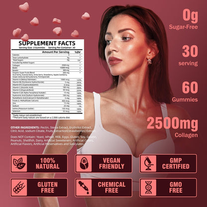 VIFSSG Kollagen-Peptid-Gummis für Frauen, 60 Gummis zuckerfrei, hydrolysiert, extra stark 2500 mg Protein Typ I,II,III,V,X mit 15000 mcg Biotin und Vitamin A B6 B12 C D E für Haare, Haut, Nägel
