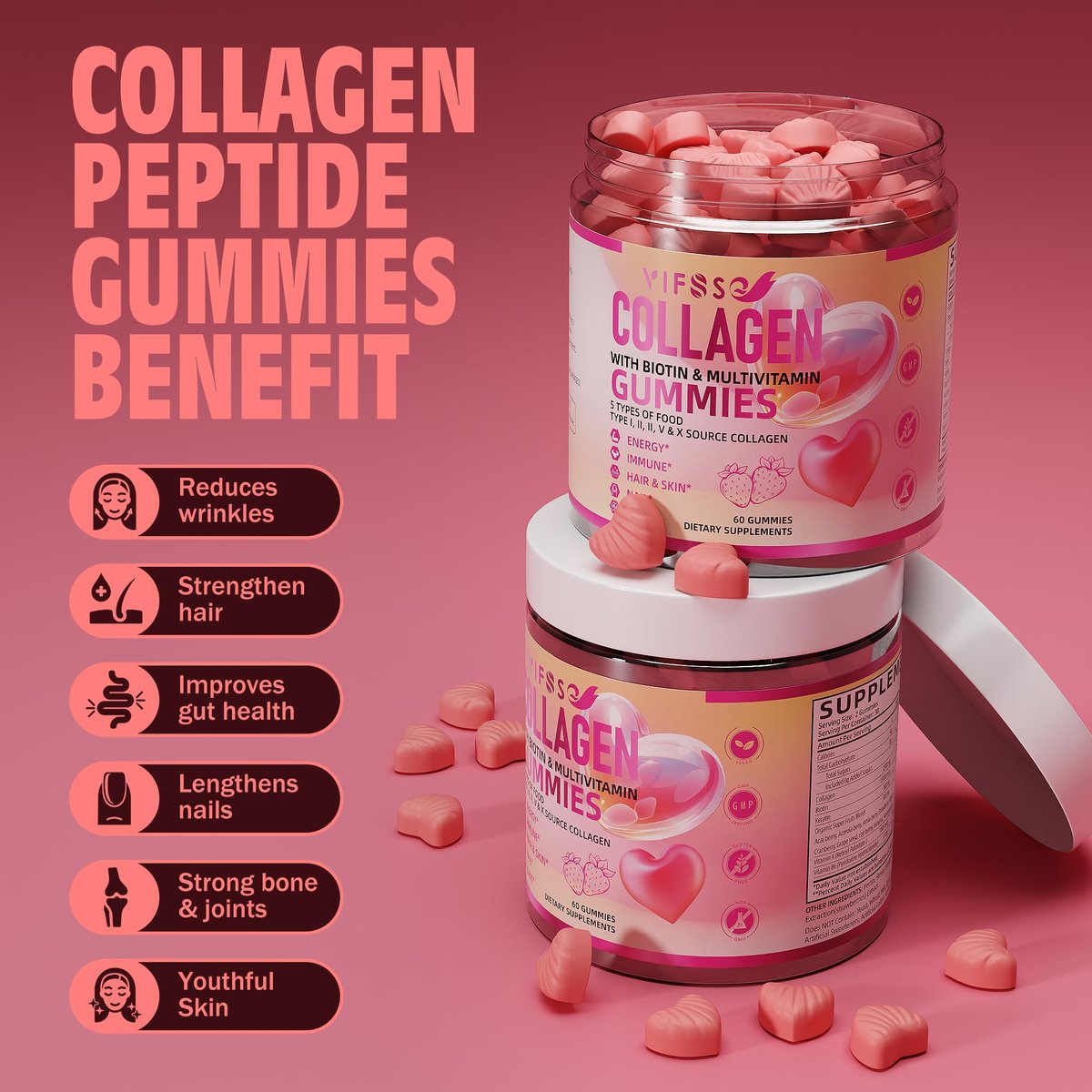 VIFSSG Kollagen-Peptid-Gummis für Frauen, 60 Gummis zuckerfrei, hydrolysiert, extra stark 2500 mg Protein Typ I,II,III,V,X mit 15000 mcg Biotin und Vitamin A B6 B12 C D E für Haare, Haut, Nägel
