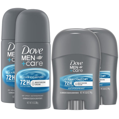Dove Men + Care Clean Comfort Reise-Antiperspirant-Set – Herren Antiperspirant Spray + Stick, 72h Schutz (4-teilig)