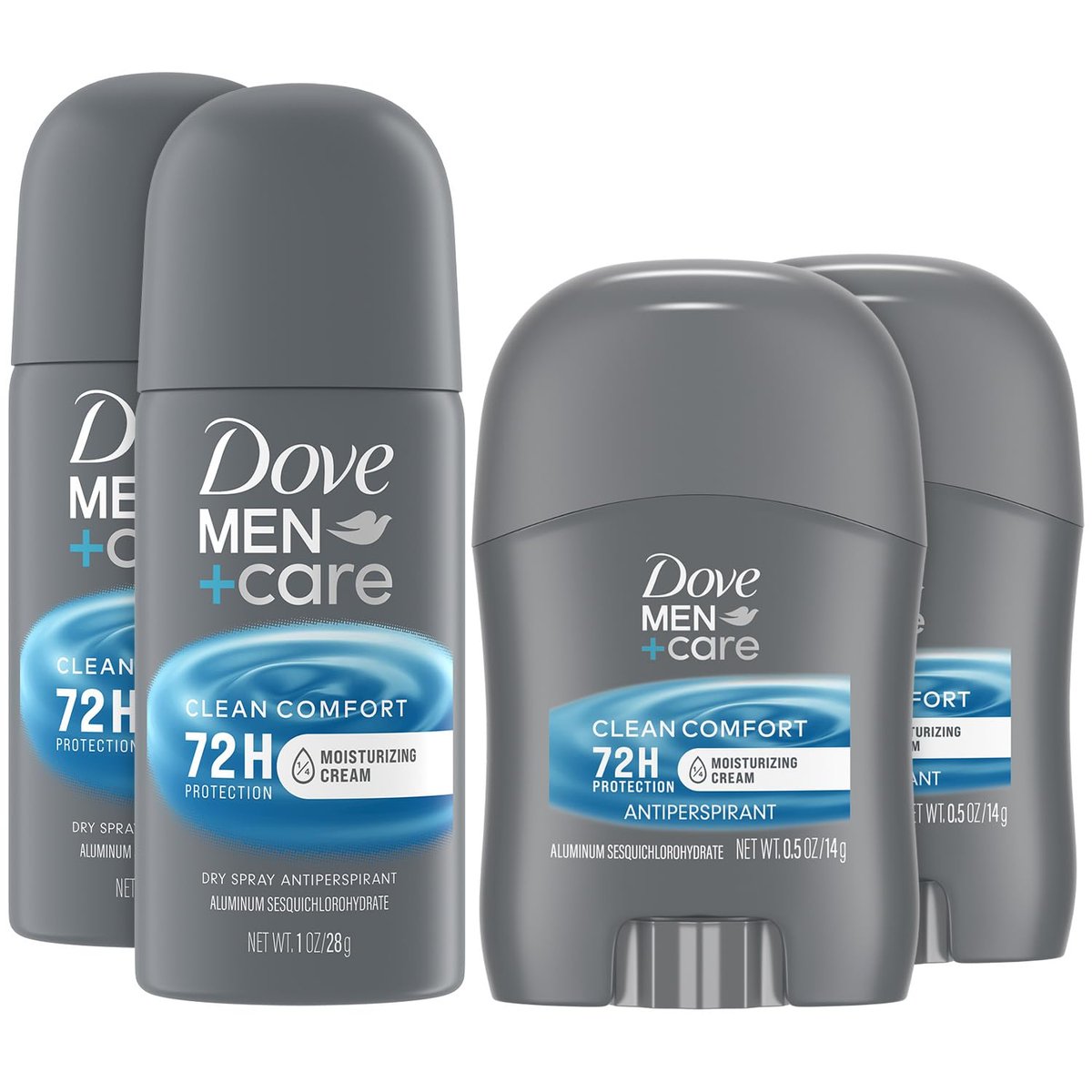 Dove Men + Care Clean Comfort Reise-Antiperspirant-Set – Herren Antiperspirant Spray + Stick, 72h Schutz (4-teilig)