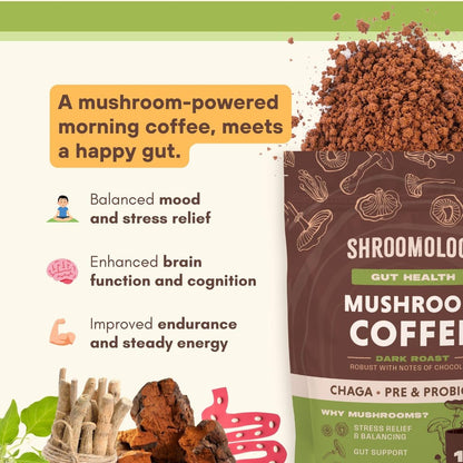 360 Nutrition Instant Mushroom Coffee mit Chaga Superfood-Pilz, Präbiotika und Probiotika für die Darmgesundheit und Konzentration | Dunkle Röstung, ohne Zuckerzusatz, 5 oz (Darm-Mischung)