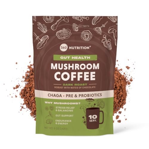 360 Nutrition Instant Mushroom Coffee mit Chaga Superfood-Pilz, Präbiotika und Probiotika für die Darmgesundheit und Konzentration | Dunkle Röstung, ohne Zuckerzusatz, 5 oz (Darm-Mischung)