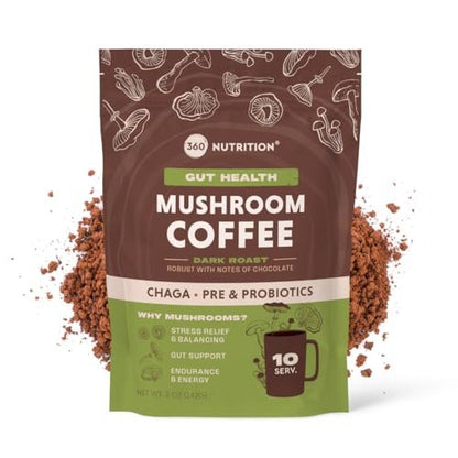 360 Nutrition Instant Mushroom Coffee mit Chaga Superfood-Pilz, Präbiotika und Probiotika für die Darmgesundheit und Konzentration | Dunkle Röstung, ohne Zuckerzusatz, 5 oz (Darm-Mischung)