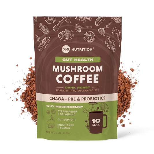 360 Nutrition Instant Mushroom Coffee mit Chaga Superfood-Pilz, Präbiotika und Probiotika für die Darmgesundheit und Konzentration | Dunkle Röstung, ohne Zuckerzusatz, 5 oz (Darm-Mischung)