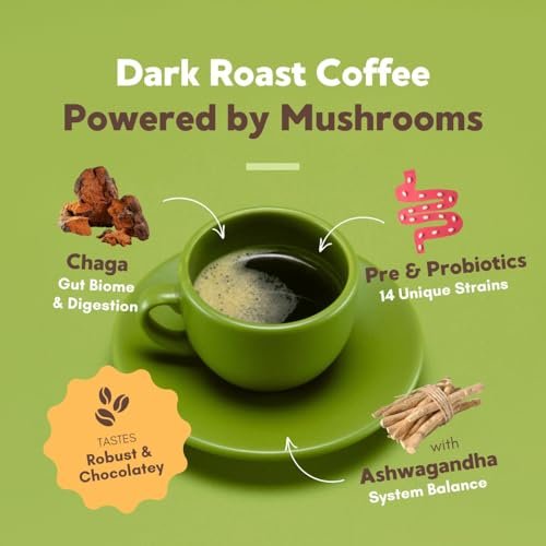360 Nutrition Instant Mushroom Coffee mit Chaga Superfood-Pilz, Präbiotika und Probiotika für die Darmgesundheit und Konzentration | Dunkle Röstung, ohne Zuckerzusatz, 5 oz (Darm-Mischung)