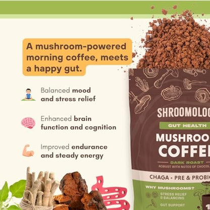 360 Nutrition Instant Mushroom Coffee mit Chaga Superfood-Pilz, Präbiotika und Probiotika für die Darmgesundheit und Konzentration | Dunkle Röstung, ohne Zuckerzusatz, 5 oz (Darm-Mischung)
