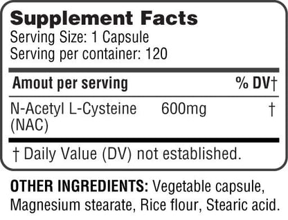 HealthLife N-Acetyl-L-Cystein (NAC) 600mg, 120 Kapseln – Non-GMO, Glutenfrei, 120 Portionen