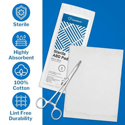 CareStock ABD-Wundauflagen 8x10 Zoll [48er-Pack] Sterile Bauchkompressen, extra saugfähig, einzeln verpackt, Wundversorgung Erste Hilfe, 24 Stück, 2er-Pack