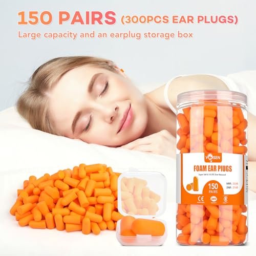VOISEN 150 Paar Ohrstöpsel aus Schaumstoff, Gehörschutz zum Schlafen, Lärmminderung 32 dB NRR / 37 dB SNR, Ohrstöpsel für Schlafen, Schnarchen, Lernen, laute Veranstaltungen, Reisen & Konzerte, inklusive Aufbewahrungsbox, Orange