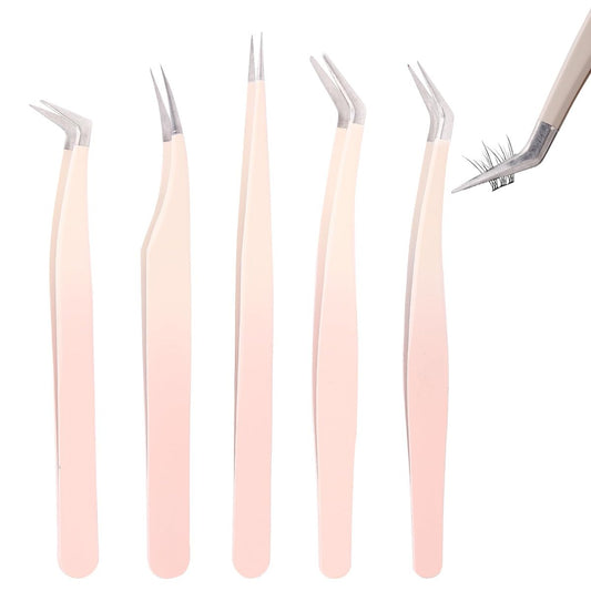 Rnodoilkfly 5-teiliges Wimpernverlängerungs-Pinzetten-Set – Gerade und gebogene Pinzetten für professionelle Wimpernstylisten, Anfänger und Frauen