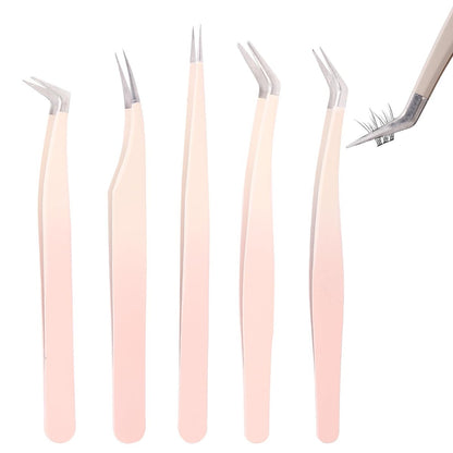Rnodoilkfly 5-teiliges Wimpernverlängerungs-Pinzetten-Set – Gerade und gebogene Pinzetten für professionelle Wimpernstylisten, Anfänger und Frauen