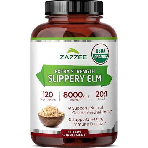 Zazzee USDA Bio Rote Ulme Rinde 20:1 Extrakt, 120 vegane Kapseln, 4-Monats-Vorrat, Ulmus Rubra, Verdauungs-, Hals- & Schleimhautunterstützung, pflanzliches Nahrungsergänzungsmittel, natürlich, Nicht-GVO, hergestellt in den USA