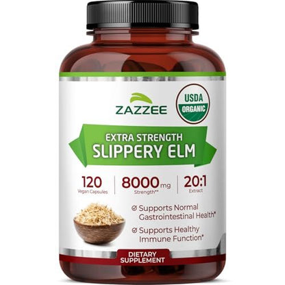 Zazzee USDA Bio Rote Ulme Rinde 20:1 Extrakt, 120 vegane Kapseln, 4-Monats-Vorrat, Ulmus Rubra, Verdauungs-, Hals- & Schleimhautunterstützung, pflanzliches Nahrungsergänzungsmittel, natürlich, Nicht-GVO, hergestellt in den USA