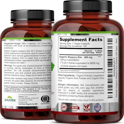 Zazzee USDA Bio Rote Ulme Rinde 20:1 Extrakt, 120 vegane Kapseln, 4-Monats-Vorrat, Ulmus Rubra, Verdauungs-, Hals- & Schleimhautunterstützung, pflanzliches Nahrungsergänzungsmittel, natürlich, Nicht-GVO, hergestellt in den USA