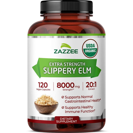 Zazzee USDA Bio Rote Ulme Rinde 20:1 Extrakt, 120 vegane Kapseln, 4-Monats-Vorrat, Ulmus Rubra, Verdauungs-, Hals- & Schleimhautunterstützung, pflanzliches Nahrungsergänzungsmittel, natürlich, Nicht-GVO, hergestellt in den USA