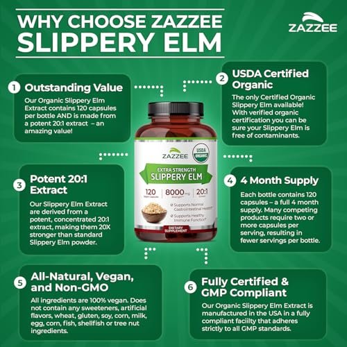 Zazzee USDA Bio Rote Ulme Rinde 20:1 Extrakt, 120 vegane Kapseln, 4-Monats-Vorrat, Ulmus Rubra, Verdauungs-, Hals- & Schleimhautunterstützung, pflanzliches Nahrungsergänzungsmittel, natürlich, Nicht-GVO, hergestellt in den USA