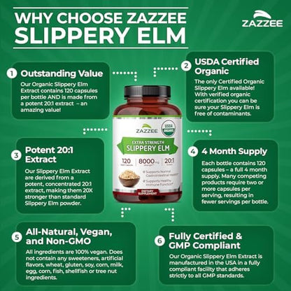Zazzee USDA Bio Rote Ulme Rinde 20:1 Extrakt, 120 vegane Kapseln, 4-Monats-Vorrat, Ulmus Rubra, Verdauungs-, Hals- & Schleimhautunterstützung, pflanzliches Nahrungsergänzungsmittel, natürlich, Nicht-GVO, hergestellt in den USA