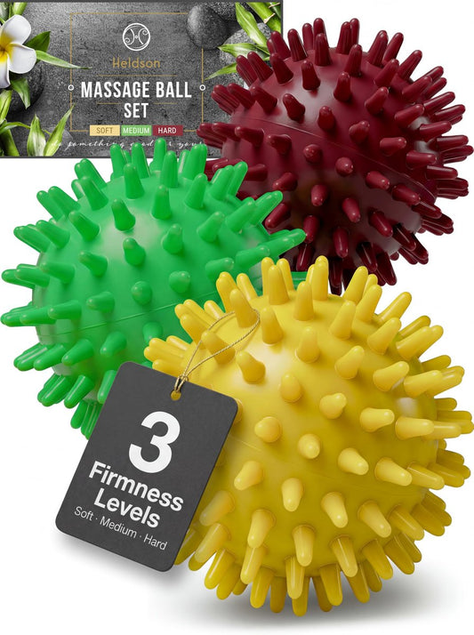 HELDSON® 3er Set Spiky Massage Bälle [Weich, Mittel, Hart] - Fußroller Massage mit Spikes - Triggerpunktball für Rückenschmerzen & Füße - Plantarfasziitis Tiefengewebe Therapie - Spiky Druck