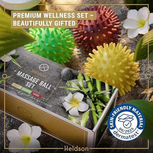HELDSON® 3er Set Spiky Massage Bälle [Weich, Mittel, Hart] - Fußroller Massage mit Spikes - Triggerpunktball für Rückenschmerzen & Füße - Plantarfasziitis Tiefengewebe Therapie - Spiky Druck