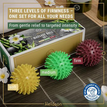 HELDSON® 3er Set Spiky Massage Bälle [Weich, Mittel, Hart] - Fußroller Massage mit Spikes - Triggerpunktball für Rückenschmerzen & Füße - Plantarfasziitis Tiefengewebe Therapie - Spiky Druck