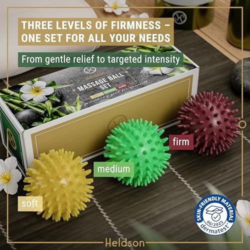 HELDSON® 3er Set Spiky Massage Bälle [Weich, Mittel, Hart] - Fußroller Massage mit Spikes - Triggerpunktball für Rückenschmerzen & Füße - Plantarfasziitis Tiefengewebe Therapie - Spiky Druck