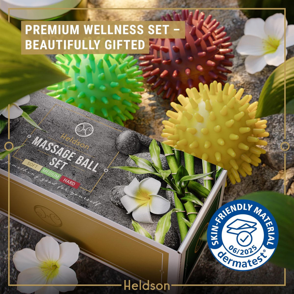 HELDSON® 3er Set Spiky Massage Bälle [Weich, Mittel, Hart] - Fußroller Massage mit Spikes - Triggerpunktball für Rückenschmerzen & Füße - Plantarfasziitis Tiefengewebe Therapie - Spiky Druck