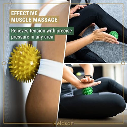 HELDSON® 3er Set Spiky Massage Bälle [Weich, Mittel, Hart] - Fußroller Massage mit Spikes - Triggerpunktball für Rückenschmerzen & Füße - Plantarfasziitis Tiefengewebe Therapie - Spiky Druck