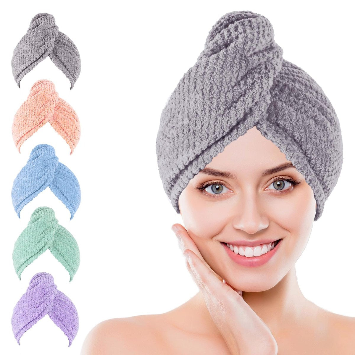 Kldnkig Mikrofaser-Haartuch zum Trocknen, 5er-Pack elastische Haarturbane für schnelles Trocknen, ideal für Frauen, lockiges nasses Haar