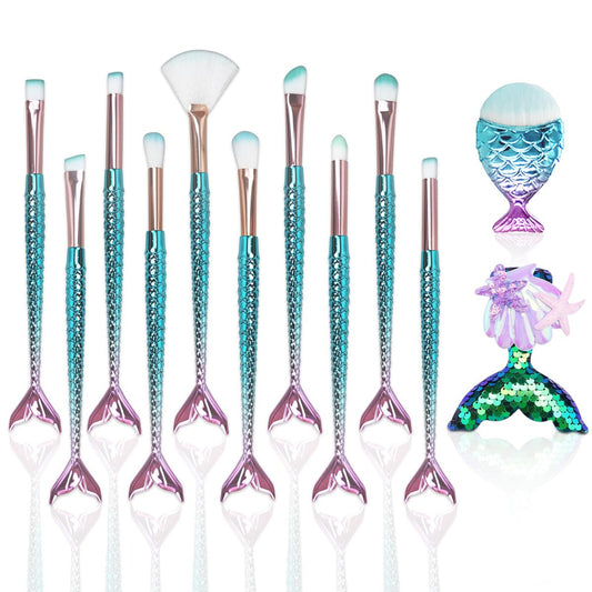 12-teiliges Make-up-Pinsel-Set mit Meerjungfrauen-Haarklammer – Kosmetikpinsel für Foundation, Puder, Lidschatten, Eyeliner – Mädchen & Kinder