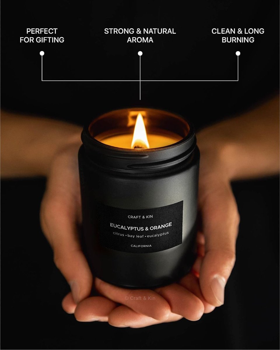 Craft & Kin Premium Orange & Eucalyptus Kerze | Schwarze Duftkerzen für Zuhause | Lang anhaltend mit 45 Stunden Brenndauer, 7,6 oz | Sojakerze | Aromatherapie für Zuhause | Geschenke für Männer