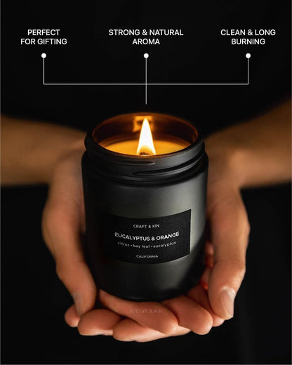 Craft & Kin Premium Orange & Eucalyptus Kerze | Schwarze Duftkerzen für Zuhause | Lang anhaltend mit 45 Stunden Brenndauer, 7,6 oz | Sojakerze | Aromatherapie für Zuhause | Geschenke für Männer
